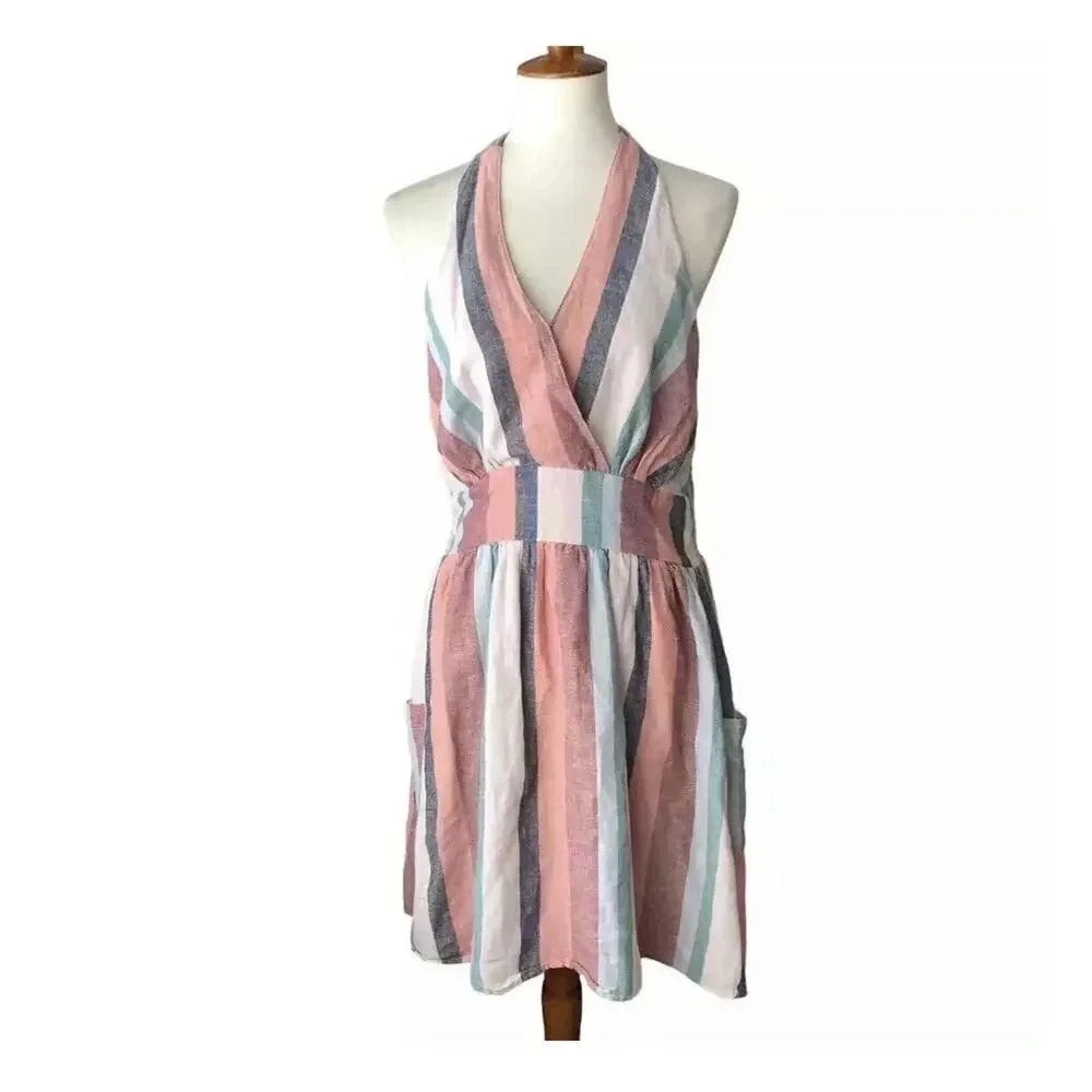 American Eagle Striped Cotton Linen Halter Mini Dress Beach Summer Pocket L